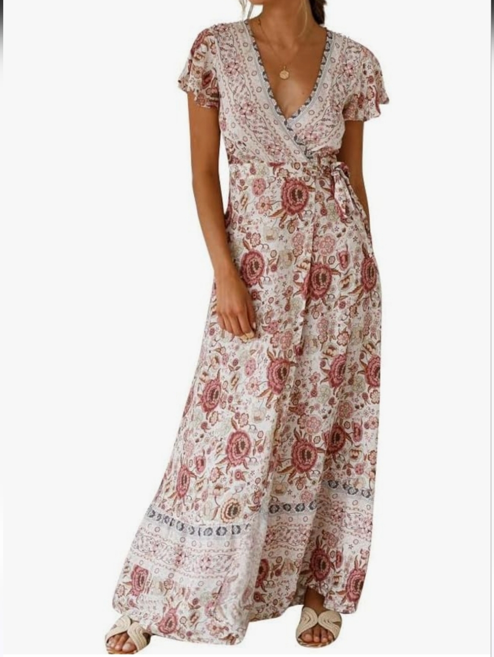 Boho Floral Wrap Maxi Dress - Pink Floral